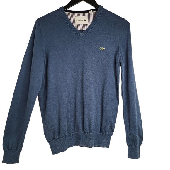 Lacoste Blue V Neck Long Sleeve Pullover Knit Cotton Sweater Top - Picture 1 of 7